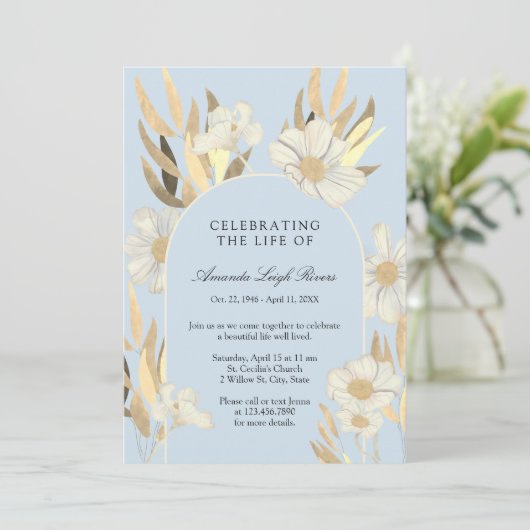 Viering van het leven - Blauw & Goud Daisy Nodig Kaart (Staand voorkant)