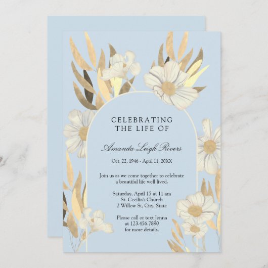 Viering van het leven - Blauw & Goud Daisy Nodig Kaart (Voorkant / Achterkant)