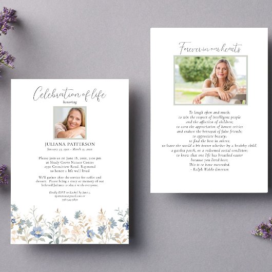 Viering van het leven Blauwe Wildbloemen Begrafeni Kaart