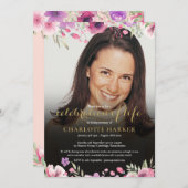 Viering van het leven bloemige roze foto kaart (Voorkant / Achterkant)
