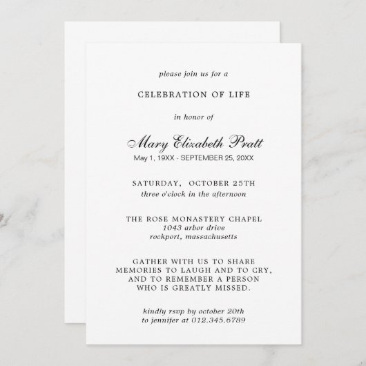 Viering van het leven Elegant Black White Funeral Kaart (Voorkant / Achterkant)