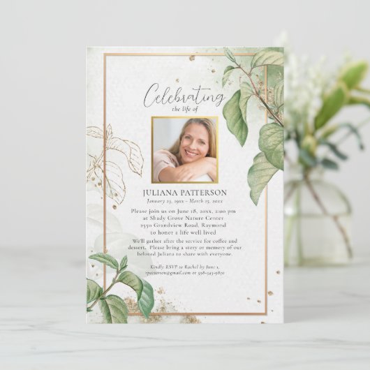 Viering van het leven Elegant Foliage Begrafenisfo Kaart (Staand voorkant)