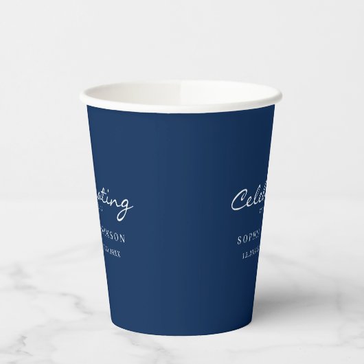 Viering van het leven Elegant Script Begrafenisbla Papieren Bekers (Links)