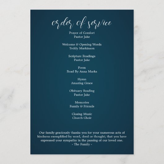 Viering van het Leven Foto Bronzen Memorial Begraf Programmakaart (Achterkant)