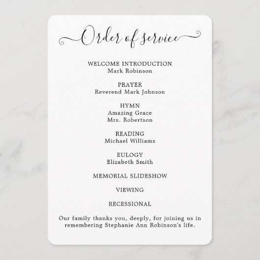 Viering van het Leven Foto Orde van de Dienst Programmakaart (Achterkant)