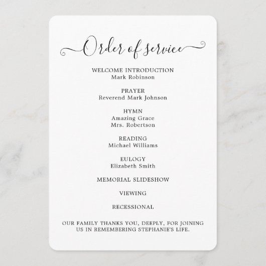 Viering van het Leven Foto Orde van de Dienst Programmakaart (Achterkant)