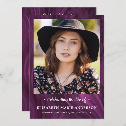 Viering van het leven Foto Paarse marmer Funeral Programmakaart (Voorkant / Achterkant)