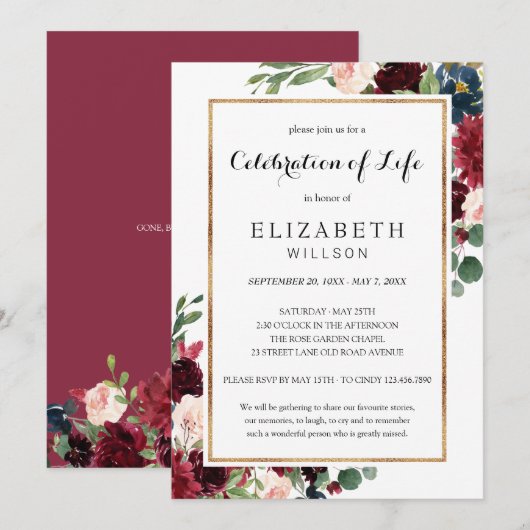 Viering van het leven Funeral Burguny Marsala Flor Kaart (Voorkant / Achterkant)