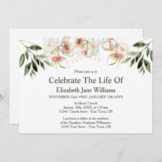 Viering van het leven | Funeral Eucalyptus Invitat Kaart (Voorkant / Achterkant)