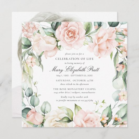 Viering van het leven Funeral Foto roze Rose Flora Kaart (Voorkant / Achterkant)