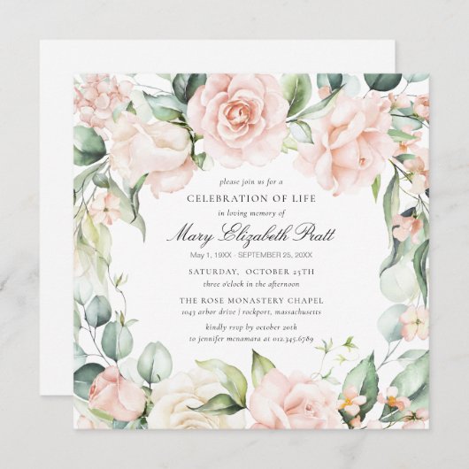 Viering van het leven Funeral Foto roze Rose Flora Kaart (Voorkant / Achterkant)