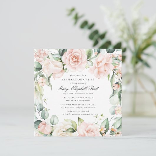 Viering van het leven Funeral Foto roze Rose Flora Kaart (Staand voorkant)