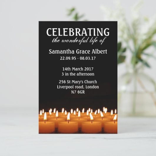 Viering van het leven. Funeral Invite. RSVP Kaartje (Staand voorkant)