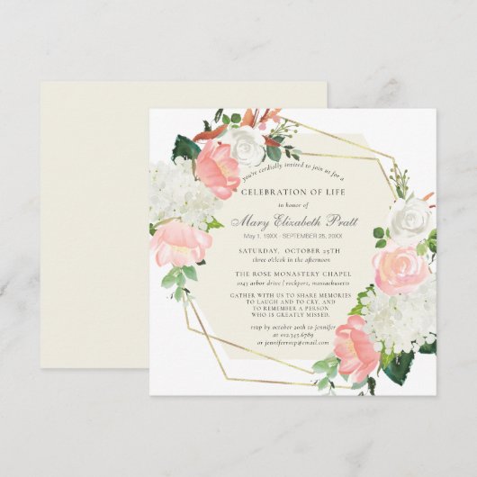 Viering van het leven Funeral Pink White Rose Flor Kaart (Voorkant / Achterkant)