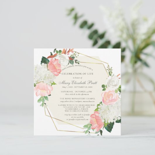 Viering van het leven Funeral Pink White Rose Flor Kaart (Staand voorkant)