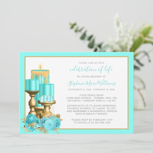 Viering van het leven Funeral Turquoise Candle Kaart (Staand voorkant)