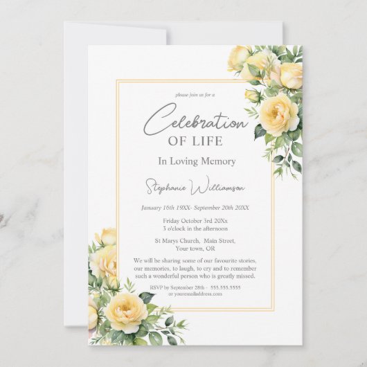 Viering van het Leven Gele Rozen Kaart (Voorkant)