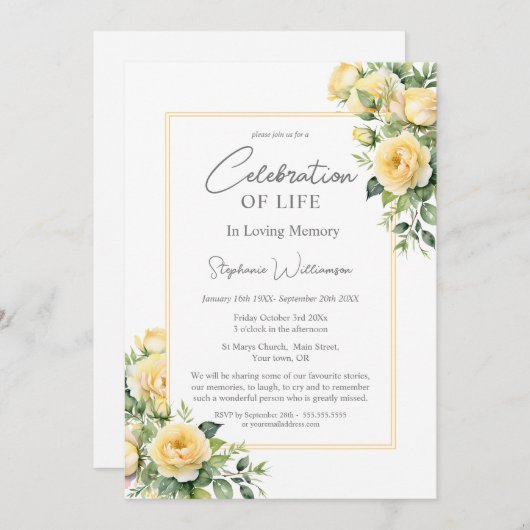 Viering van het Leven Gele Rozen Kaart (Voorkant / Achterkant)