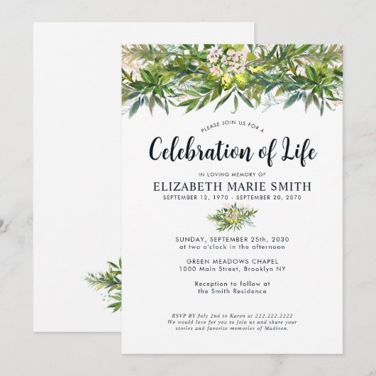 Viering van het leven groen begrafenismonument kaart (Voorkant / Achterkant)