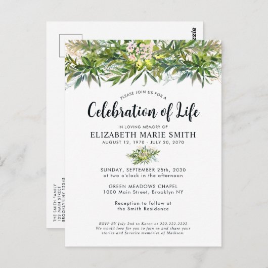 Viering van het leven groen chique begrafenis gede briefkaart (Voorkant / Achterkant)