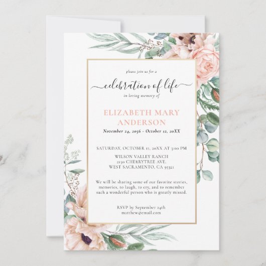 Viering van het leven Memorial Blush Pink Floral Kaart (Voorkant)