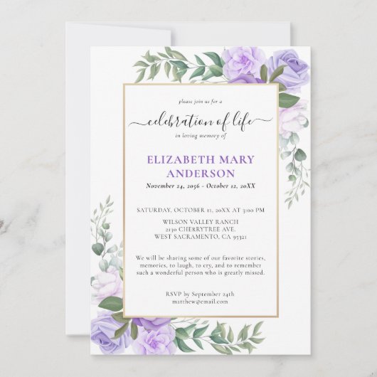 Viering van het leven Memorial Paarse Bloemen Kaart (Voorkant)