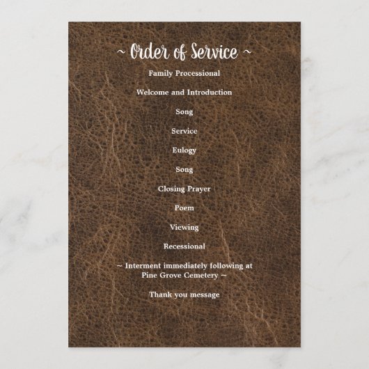 Viering van het Leven Memorial Photo Leather Funer Programmakaart (Achterkant)