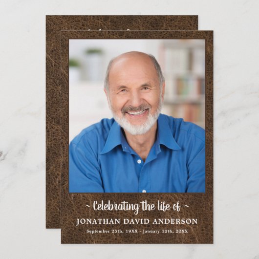 Viering van het Leven Memorial Photo Leather Funer Programmakaart (Voorkant / Achterkant)