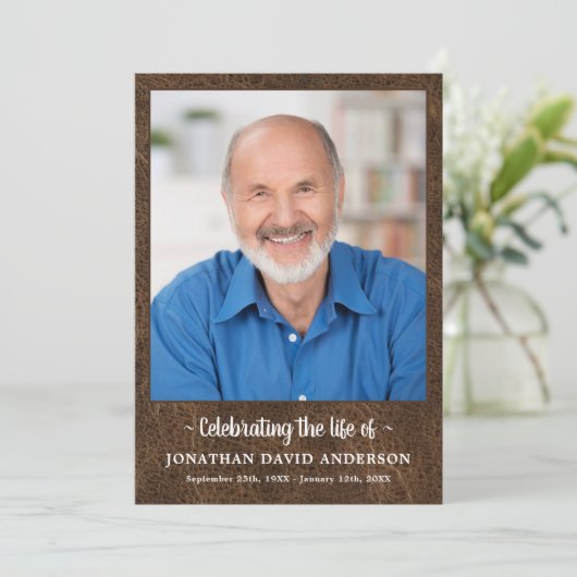 Viering van het Leven Memorial Photo Leather Funer Programmakaart (Staand voorkant)