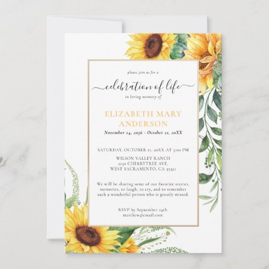 Viering van het leven Memorial Zonnebloem Kaart (Voorkant)