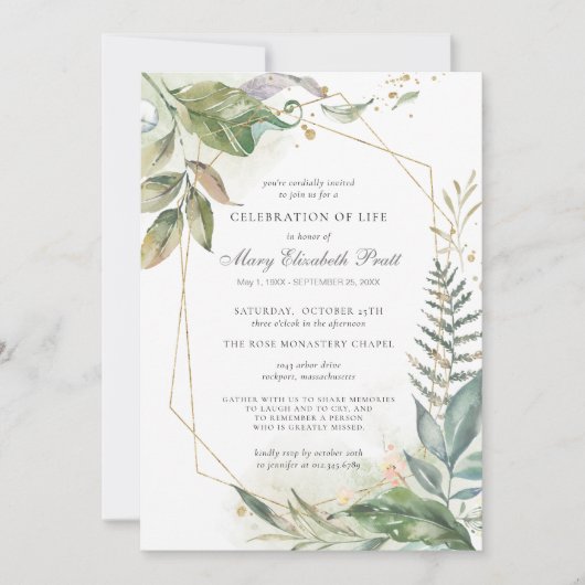 Viering van het leven Modern Green Gold Botanical Kaart (Voorkant)