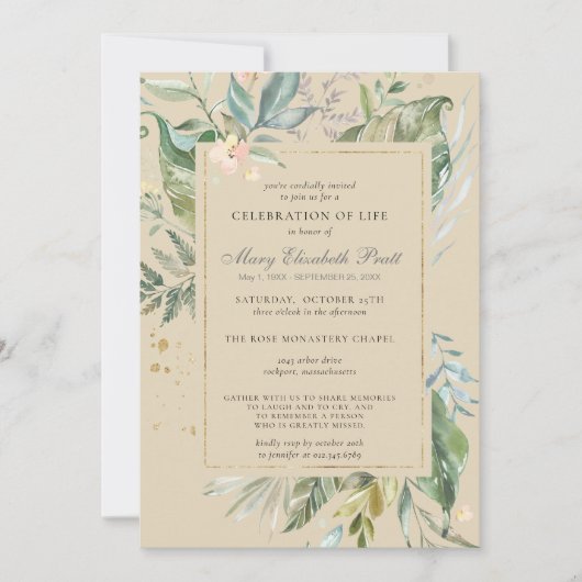 Viering van het leven moderne groene gouden botani kaart (Voorkant)