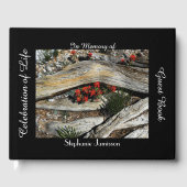 Viering van het leven, naam, rode bloemen en hout, gastenboek (Voorkant)