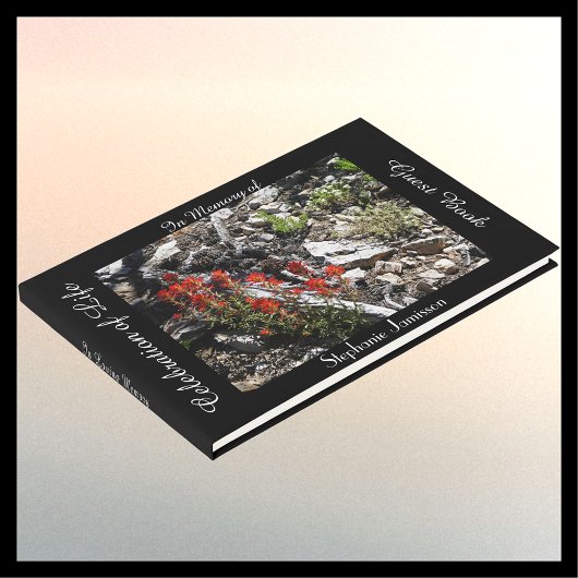 Viering van het leven, naam, rode bloemen en rotse gastenboek