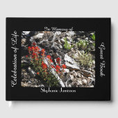 Viering van het leven, naam, rode bloemen en rotse gastenboek (Voorkant)