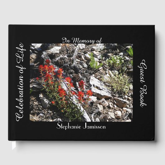 Viering van het leven, naam, rode bloemen en rotse gastenboek (Voorkant)