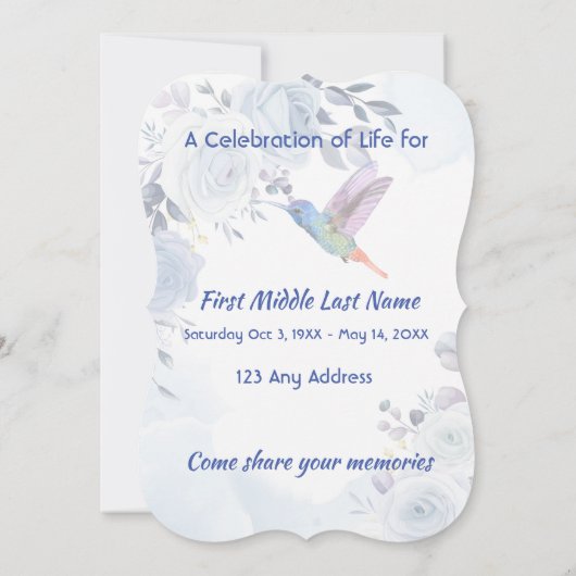 Viering van het leven Nodig Hummingbird Blue Rozen Kaart (Achterkant)