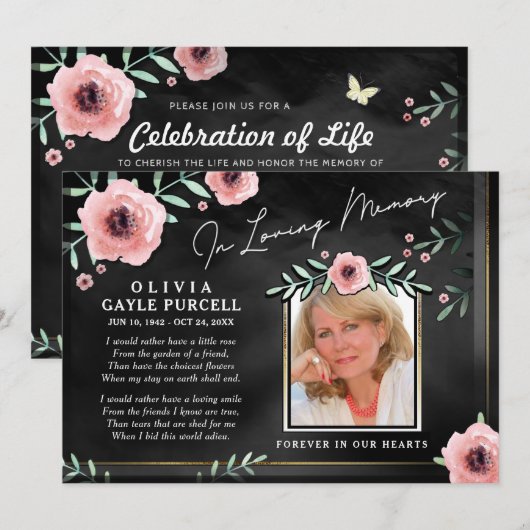 Viering van het leven Nodig roze en zwarte Floral  Kaart (Voorkant / Achterkant)