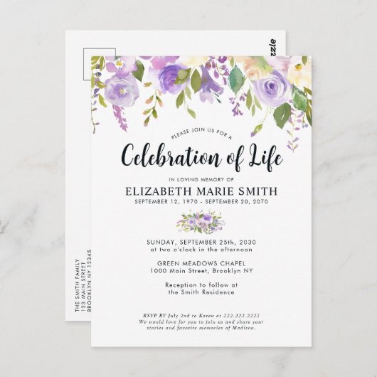 Viering van het leven Paarse Bloemen Begrafenis Me Briefkaart (Voorkant / Achterkant)