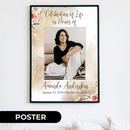 Viering van het Leven Perzik en Goud Funeral Poster