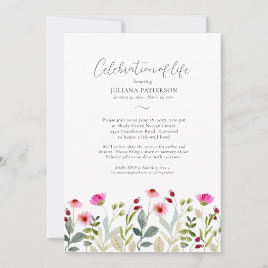 Viering van het leven Pink Painted Floral begrafen Kaart (Voorkant)