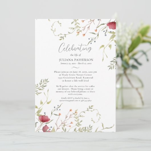 Viering van het leven  Rode Bloemen Begrafenis Kaart (Staand voorkant)