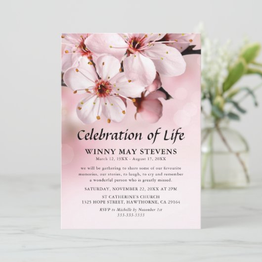 Viering van het leven | Roze bloesem begrafenis Kaart (Staand voorkant)