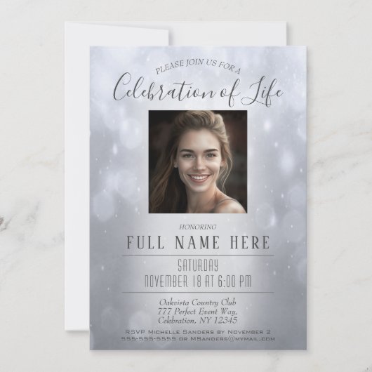 Viering van het leven - Silver Memorial Invitation Kaart (Voorkant)