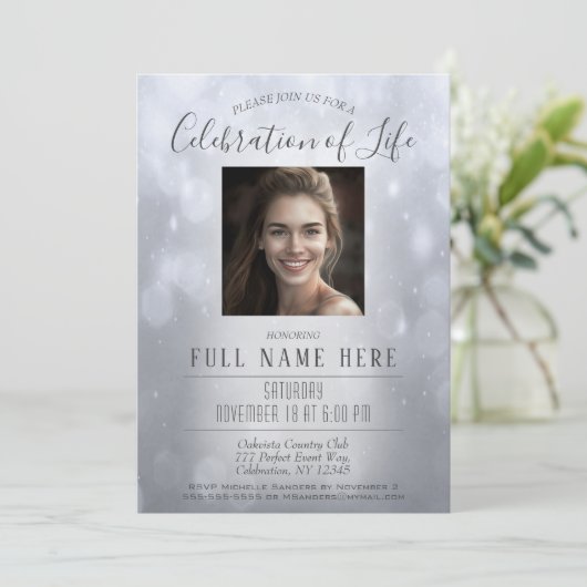 Viering van het leven - Silver Memorial Invitation Kaart (Staand voorkant)