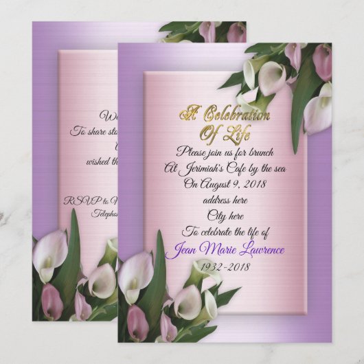 Viering van het leven Uitnodiging calla lelies (Voorkant / Achterkant)