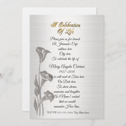 Viering van het leven Uitnodiging Calla lilies (Voorkant / Achterkant)