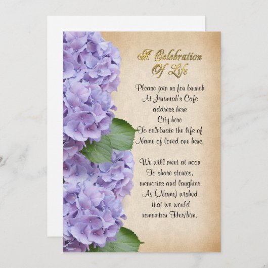 Viering van het leven Uitnodiging hortensia (Voorkant / Achterkant)