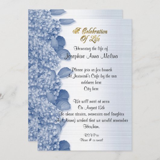 Viering van het leven Uitnodiging hortensia blauw (Voorkant / Achterkant)