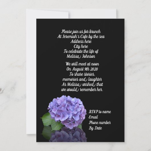 Viering van het leven Uitnodiging Hortensia op zwa (Achterkant)